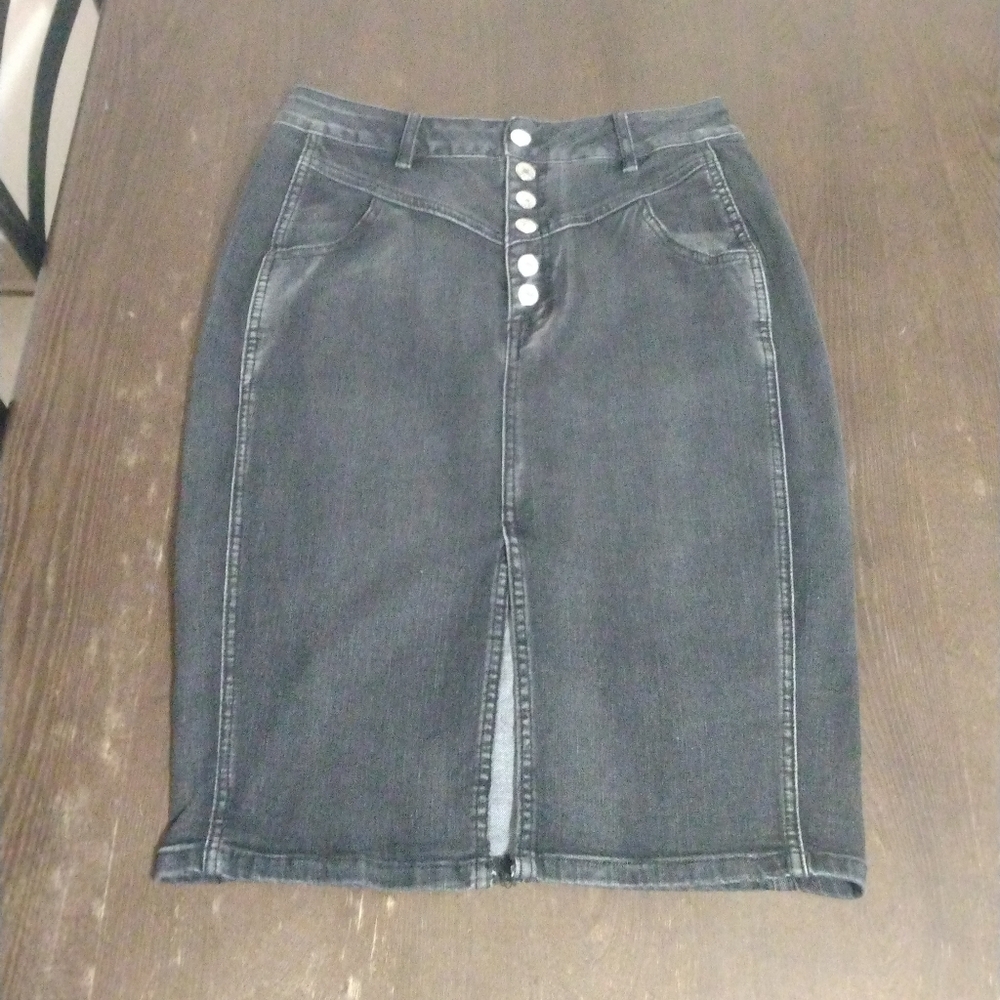 NEW Guanyy Charcoal Denim Y2K Style Button Fly Pencil Skirt Size M